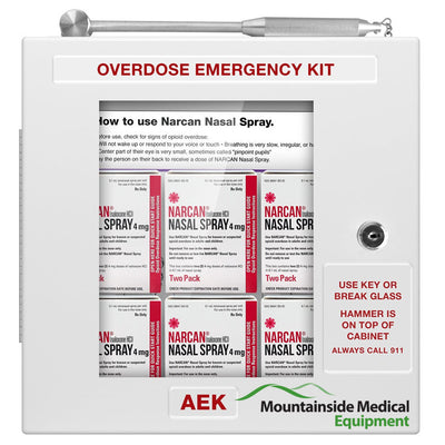 Metal Locking Opioid Overdose Emergency Kit Empty Cabinet w/Breakable Window, Hammer & 3D Purple Sign