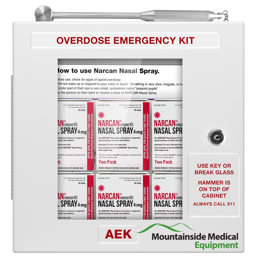 Metal Locking Opioid Overdose Emergency Kit Empty Cabinet w/Breakable Window, Hammer & 3D Purple Sign