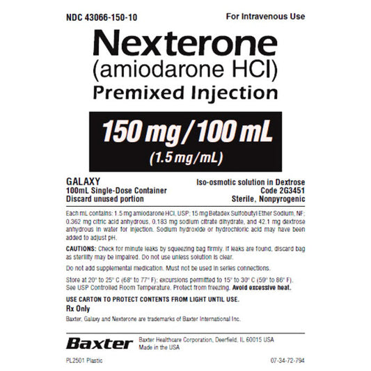 IV Bags, Nexterone Amiodarone HCI 150 mg Premixed Injection 100 mL x 12/Case (RX)