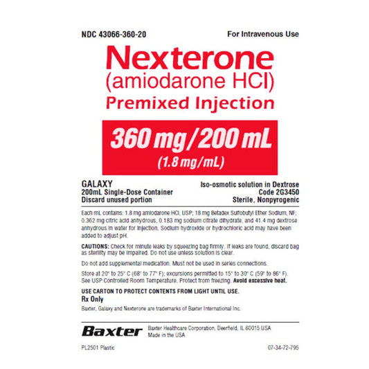 IV Bags, Nexterone Amiodarone HCI 360 mg Premixed Injection 200 mL x 10/Case (RX)