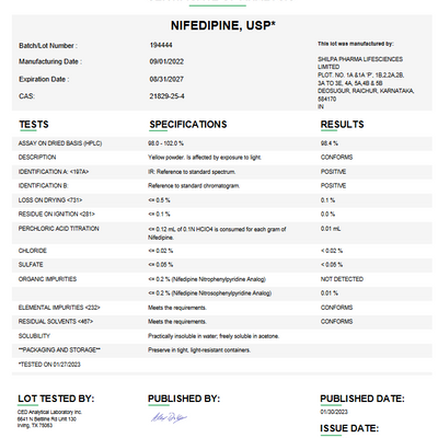 Nifedipine USP For Compounding (API)