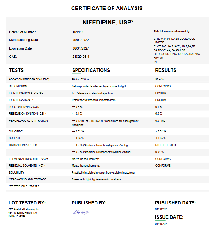 Nifedipine USP For Compounding (API)
