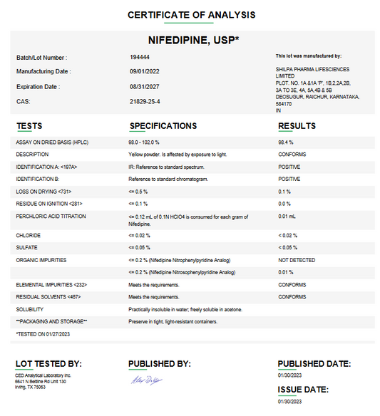 Nifedipine USP For Compounding (API)