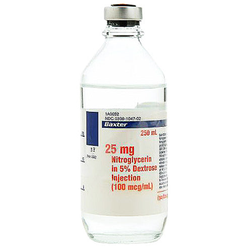 Nitroglycerin in Dextrose 5% Injection 100mcg/mL Glass Bottle 250 mL x 12/Case (RX)