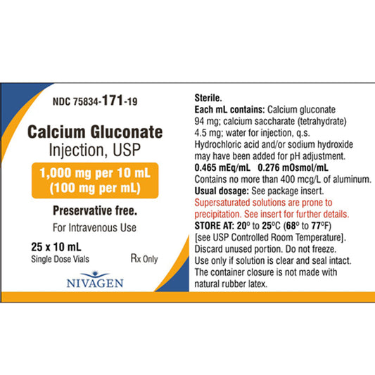Calcium Gluconate for Injection 1000mg per 10 ml vial Single-Dose vials 10 mL x 25/Tray (Rx)