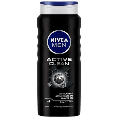 Nivea Men Body Wash- Active Clean with Active Charcoal- Shower Gel for Body- Face & Hair 3-in-1