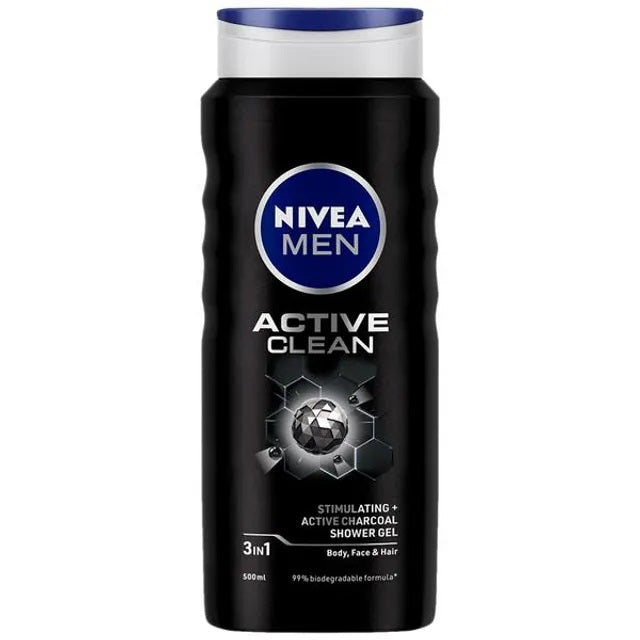 Nivea Men Body Wash- Active Clean with Active Charcoal- Shower Gel for Body- Face & Hair 3-in-1