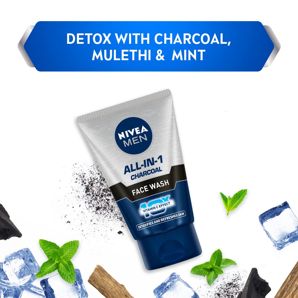 Nivea Men Face Wash, All in 1 Charcoal, to Detoxify & Refresh Skin with 10x Vitamin C Effect