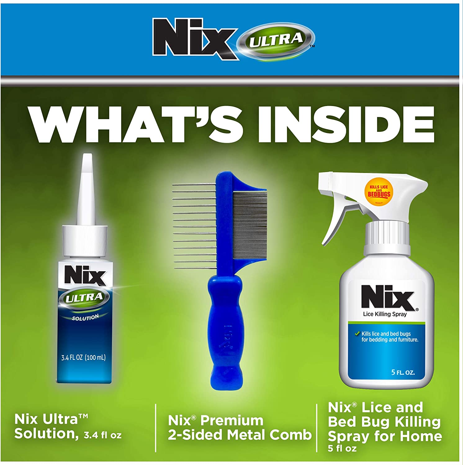 Nix Ultra Lice Removal Kit with Super Lice Treatment Solution, Metal Comb & Bed Bug Killing Spray for Home