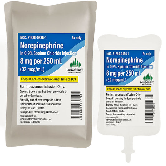 IV Bags Norepinephrine in 0.9% Sodium Chloride 8 mg/250 mL (32 mcg/mL) 10/Case (RX)