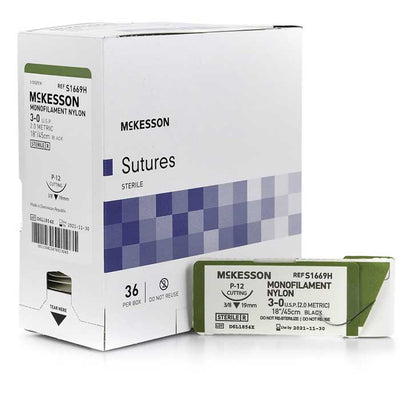 Nylon Suture with P-12 Needle Non-Absorbable 3/8 Circle Precision Reverse Cutting, Monofilament