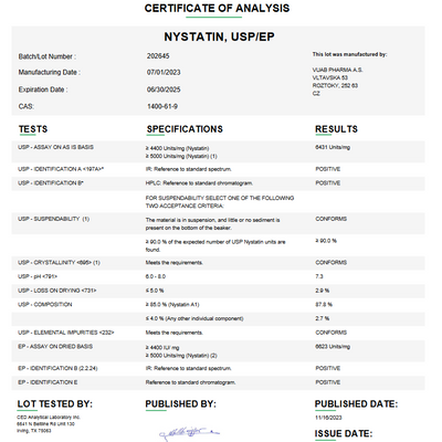 Nystatin USP For Compounding (API) **Refrigerated**
