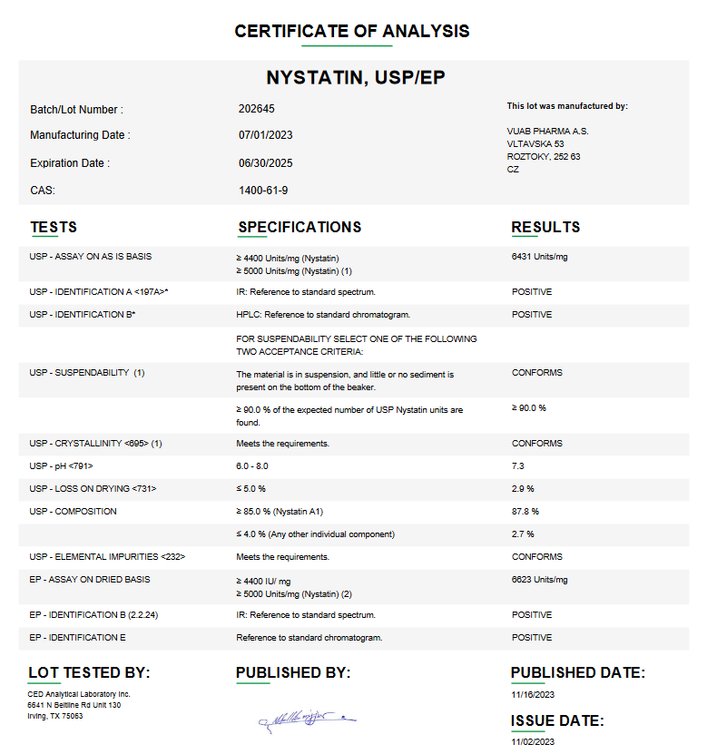 Nystatin USP For Compounding (API) **Refrigerated**
