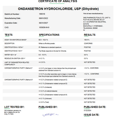 Ondansetron Hydrochloride USP (Dihydrate) API For Compounding