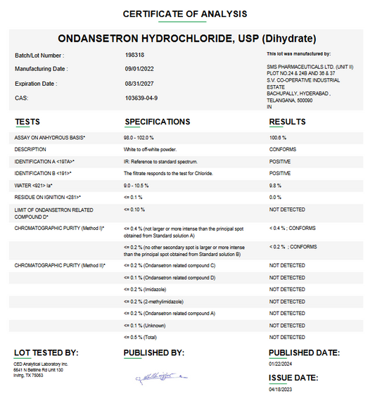 Ondansetron Hydrochloride USP (Dihydrate) API For Compounding