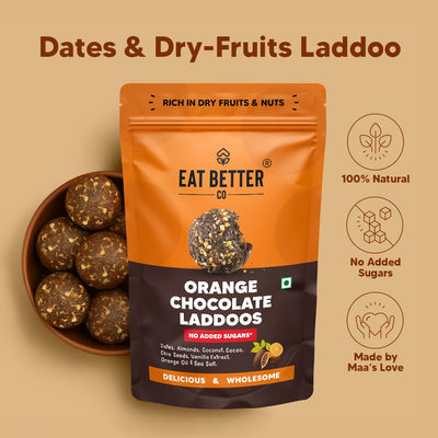 Eat Better Co Orange Chocolate Laddoos - No Added Sugar | Dates, Dry Fruits & Nuts Laddoo  - 200 gms