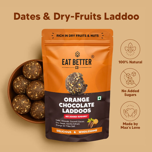Eat Better Co Orange Chocolate Laddoos - No Added Sugar | Dates, Dry Fruits & Nuts Laddoo  - 200 gms