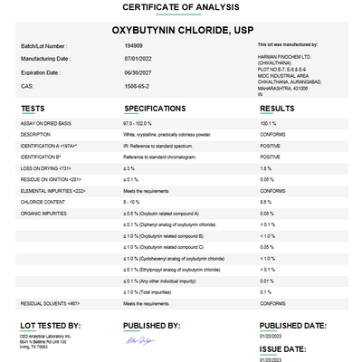 Oxybutynin Chloride USP For Compounding (API)