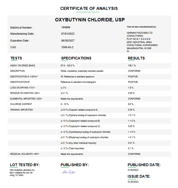 Oxybutynin Chloride USP For Compounding (API)
