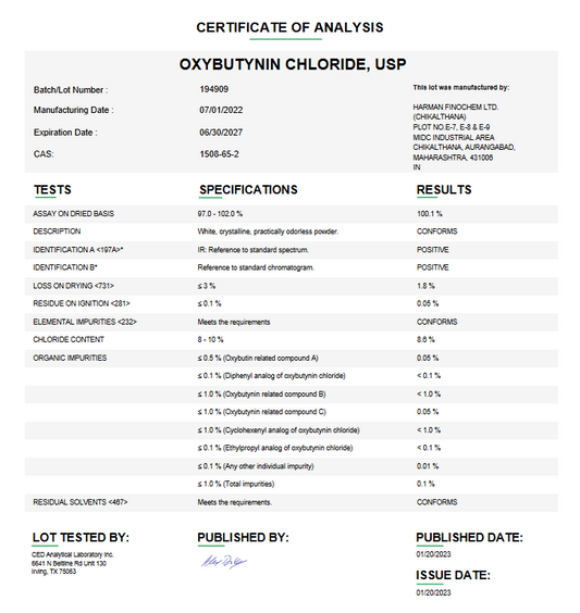 Oxybutynin Chloride USP For Compounding (API)