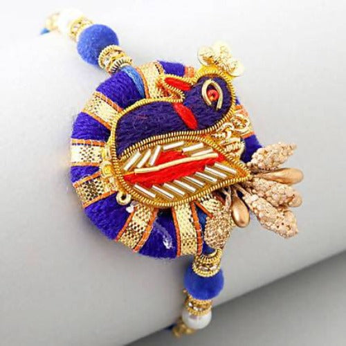 Blue Peacock Zardosi Rakhi & Fruit N Nut Chocolates