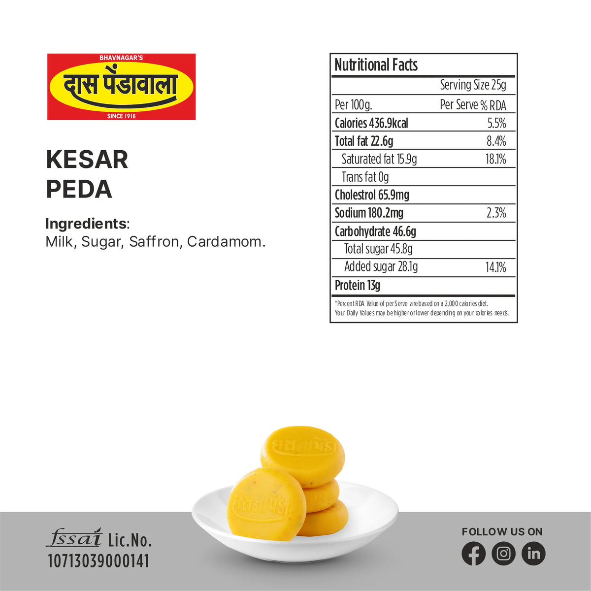 Das Pendawala Kesar Peda – 500g | Premium Saffron Milk Peda | Individually Packed | Authentic Gujarati Sweet