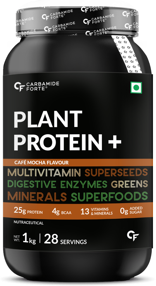 Carbamide Forte Plant Protein Powder - Plant Based Pea Protein Powder with Multivitamin, Minerals, Superfoods, Digestive Enzymes - Cafe Mocha Flavour - 1kg