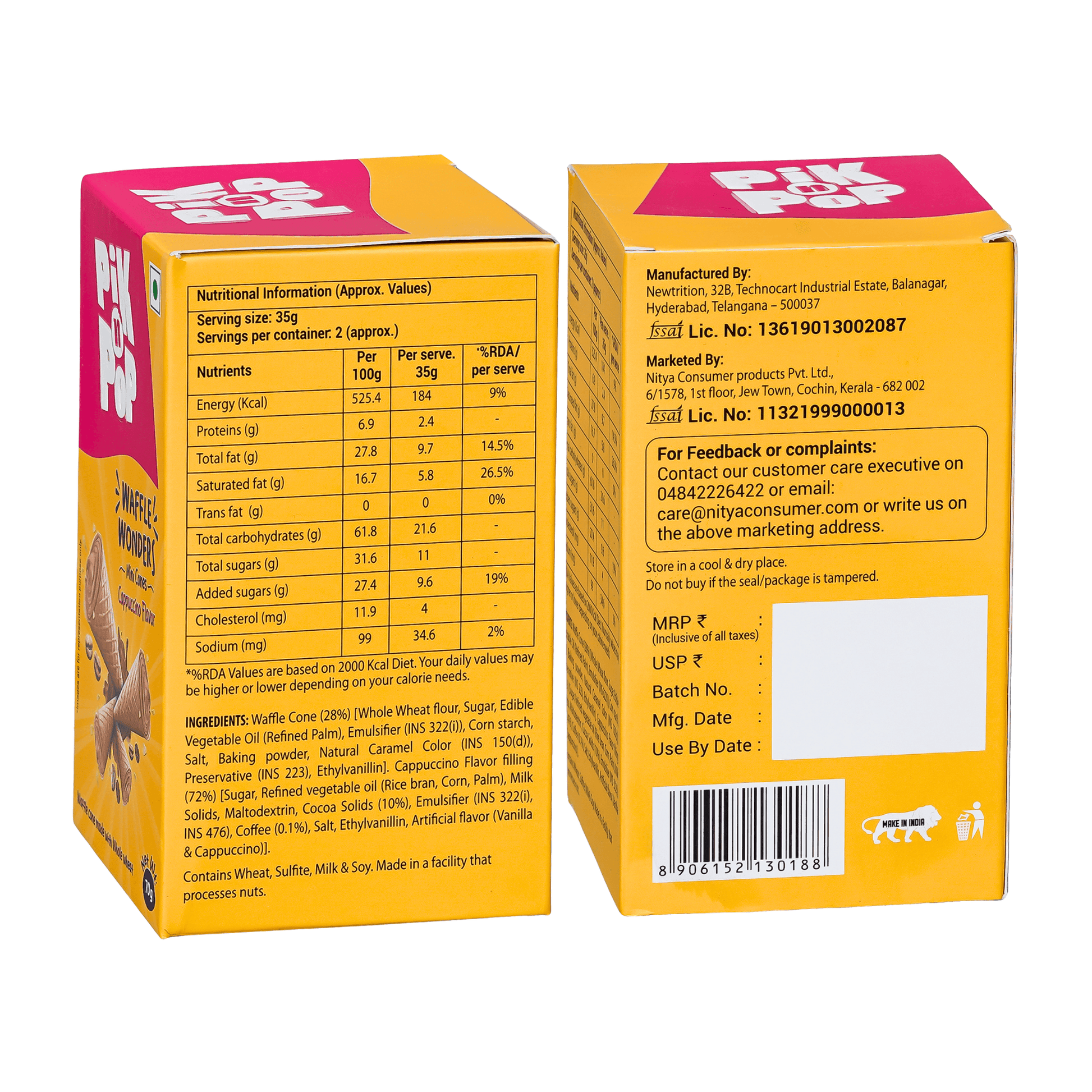 Pik n Pop Cappuccino Flavour Mini Waffle Cones | 70g | Whole Wheat | Eggless