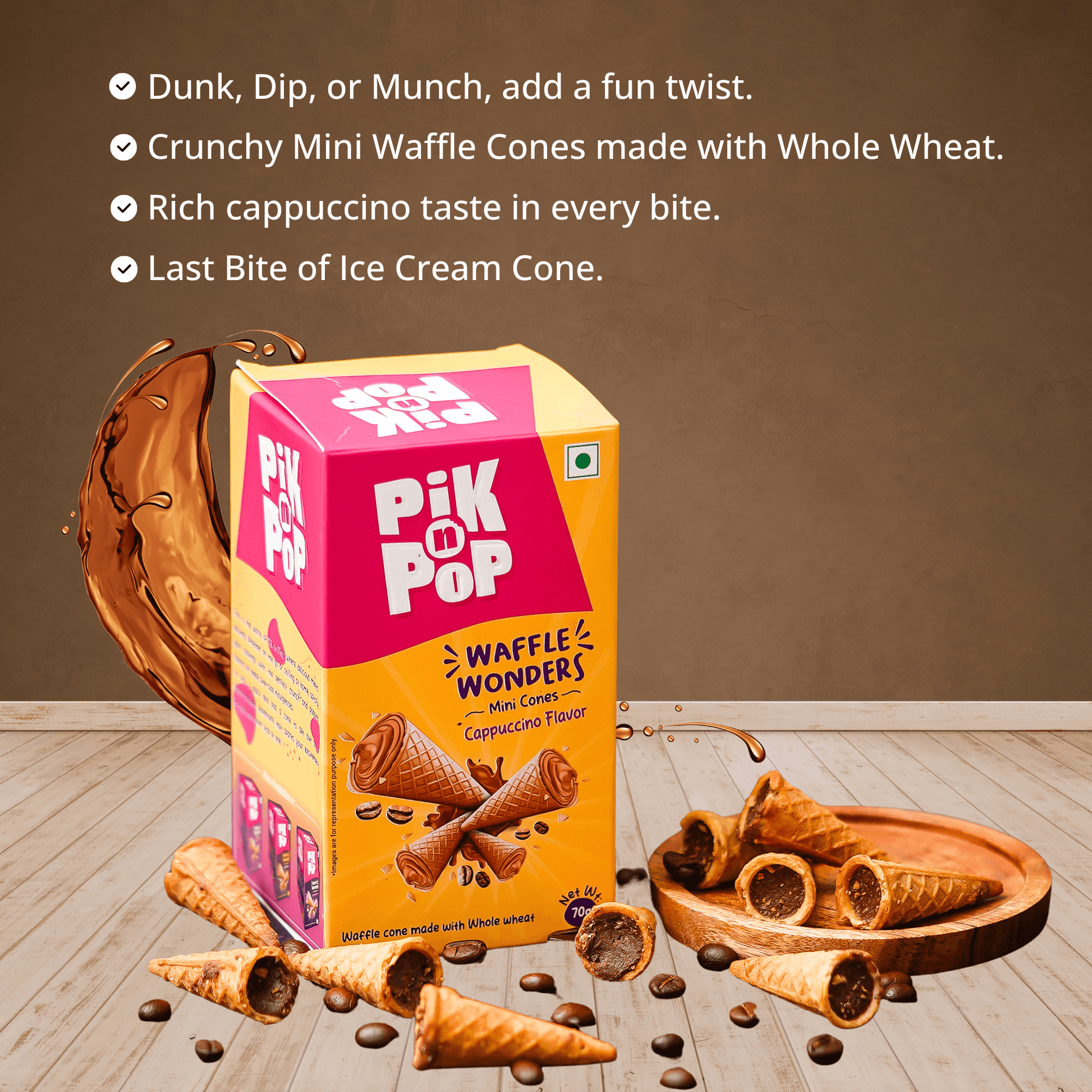 Pik n Pop Cappuccino Flavour Mini Waffle Cones | 70g | Whole Wheat | Eggless