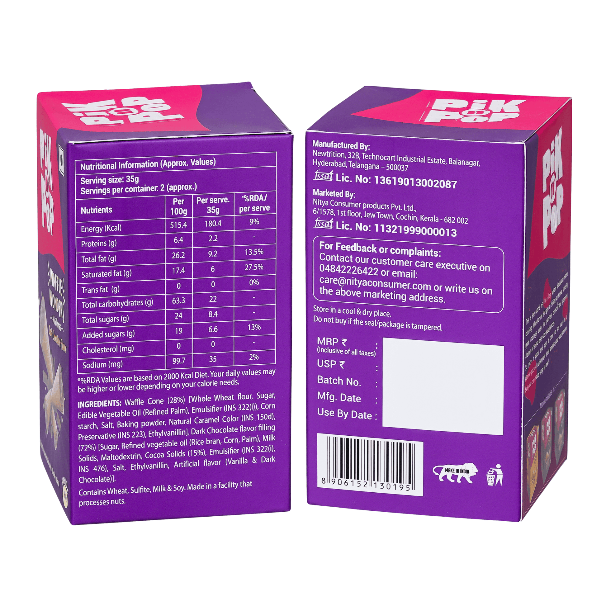 Pik n Pop Dark Chocolate Flavour Mini Waffle Cones | 70g | Whole Wheat | Eggless