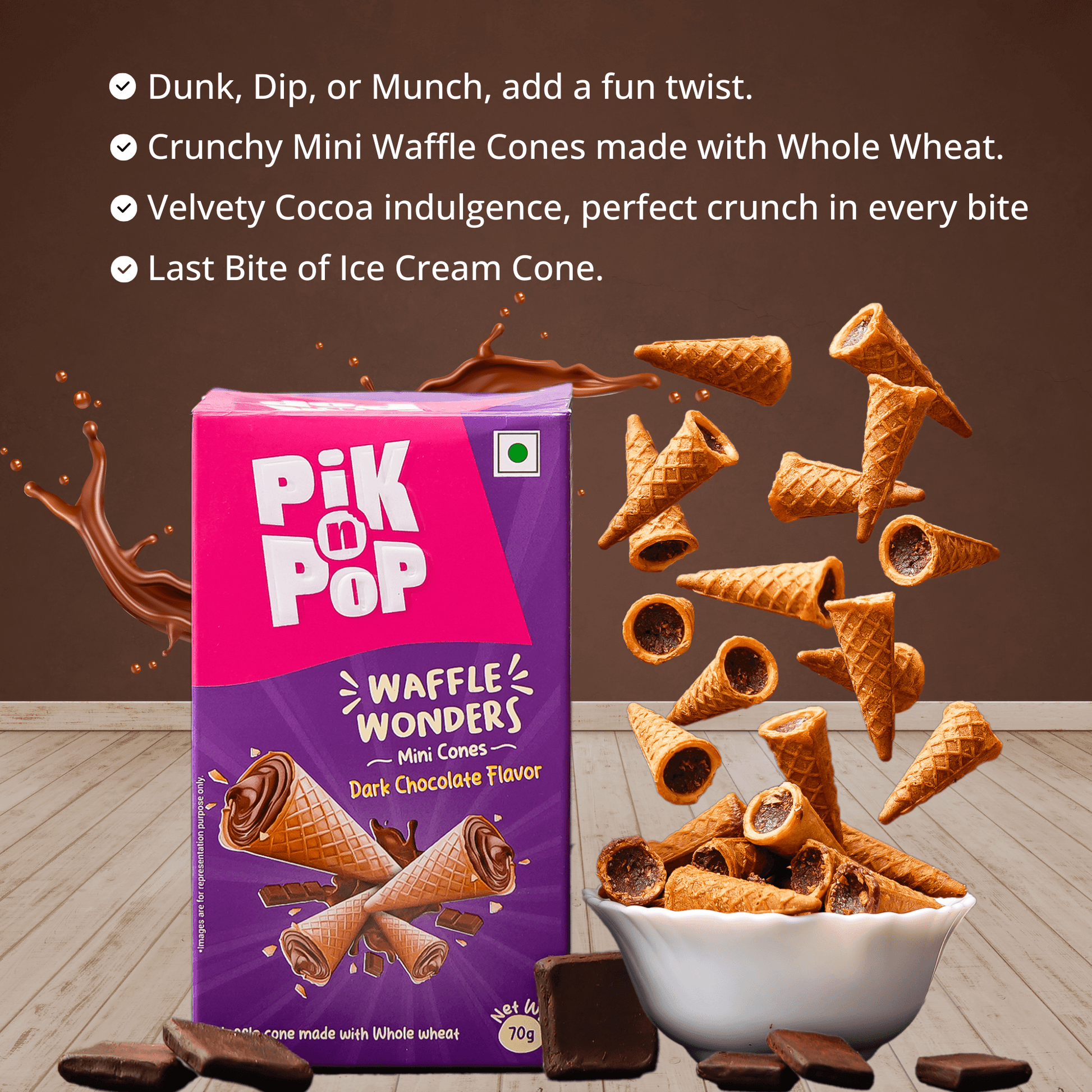 Pik n Pop Dark Chocolate Flavour Mini Waffle Cones | 70g | Whole Wheat | Eggless