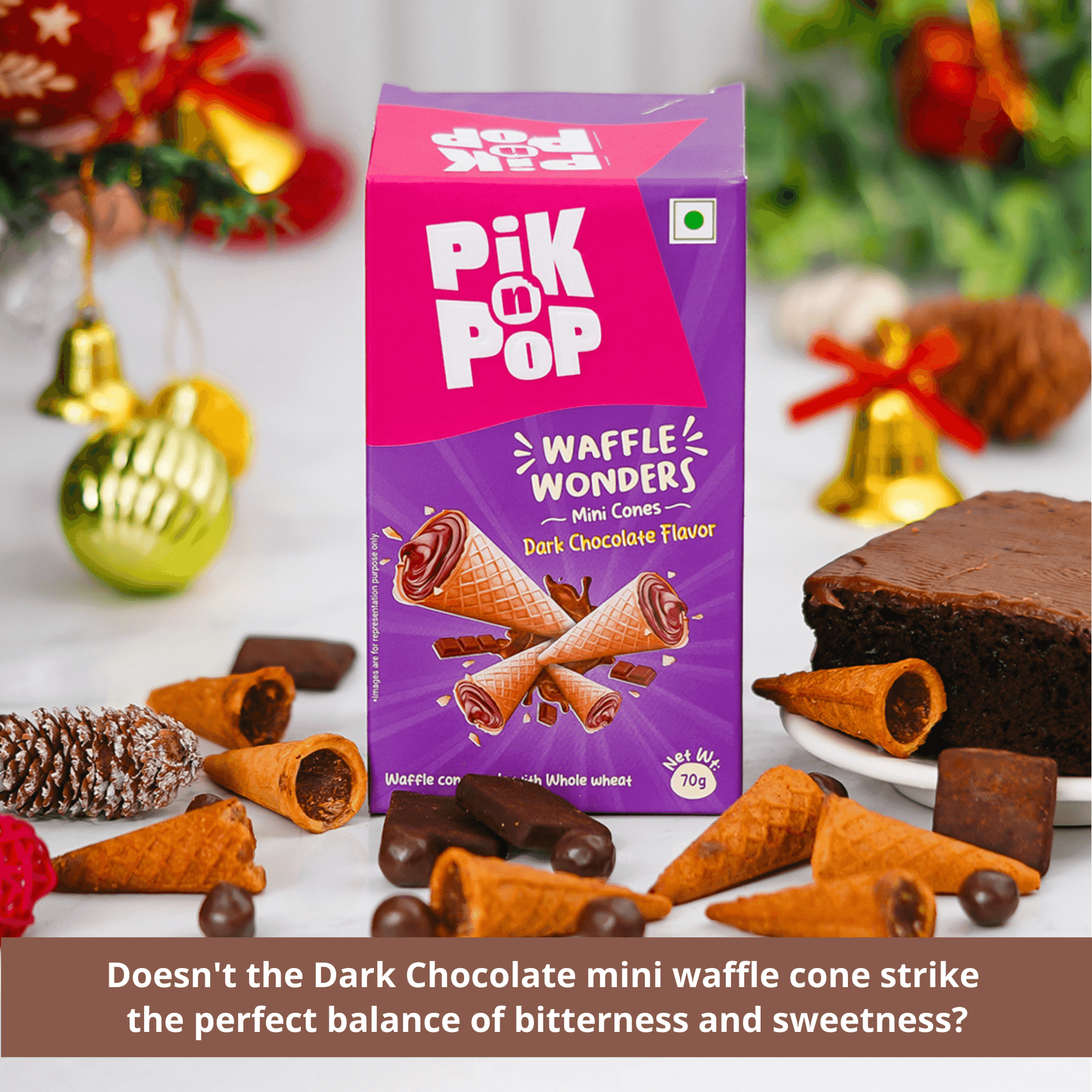 Pik n Pop Dark Chocolate Flavour Mini Waffle Cones | 70g | Whole Wheat | Eggless