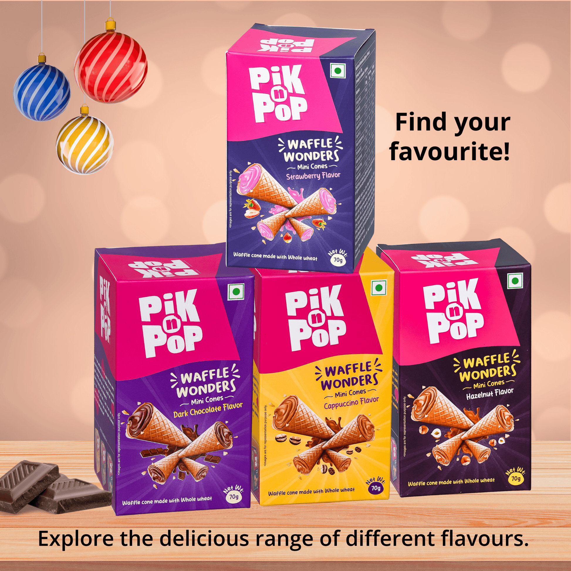 Pik n Pop Dark Chocolate Flavour Mini Waffle Cones | 70g | Whole Wheat | Eggless