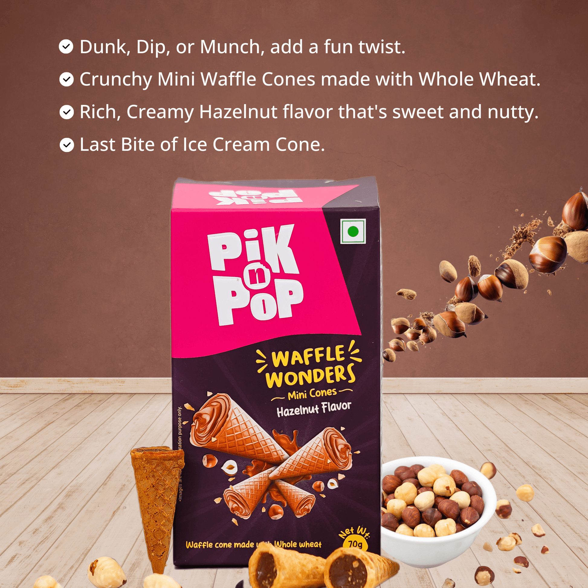 Pik n Pop Hazelnut Flavour Mini Waffle Cones | 70g | Whole Wheat | Eggless