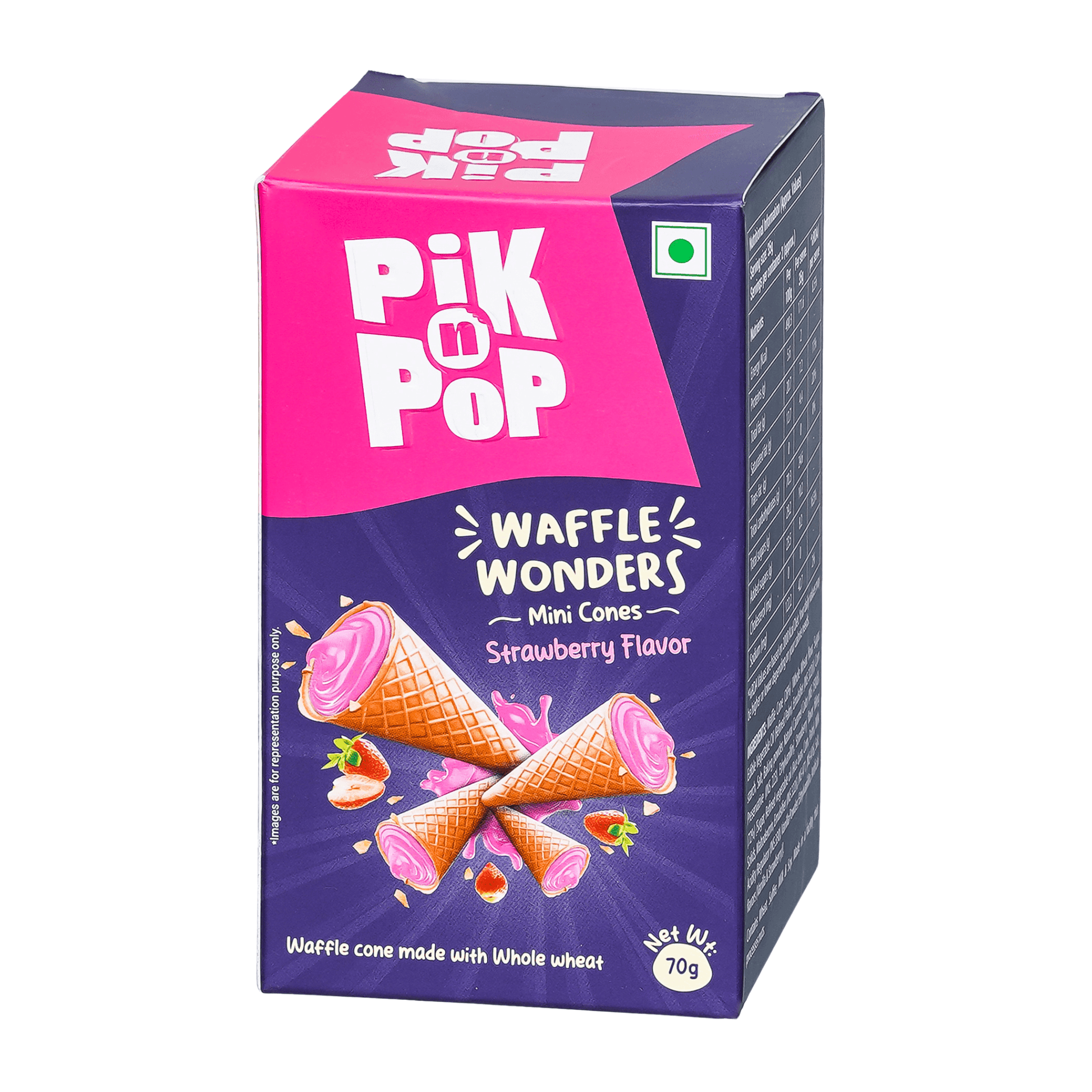 Pik n Pop Strawberry Flavour Mini Waffle Cones | 70g | Whole Wheat | Eggless
