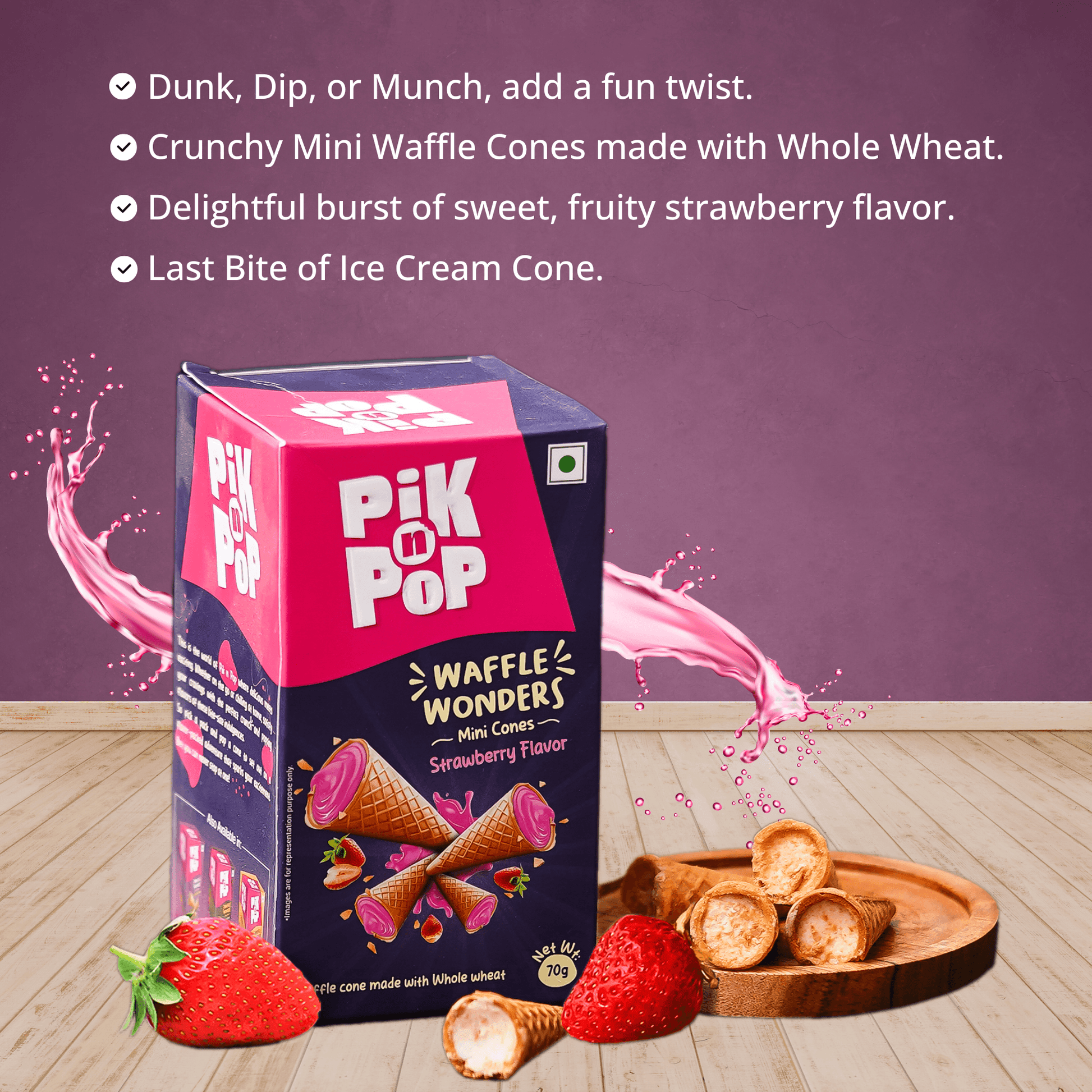 Pik n Pop Strawberry Flavour Mini Waffle Cones | 70g | Whole Wheat | Eggless