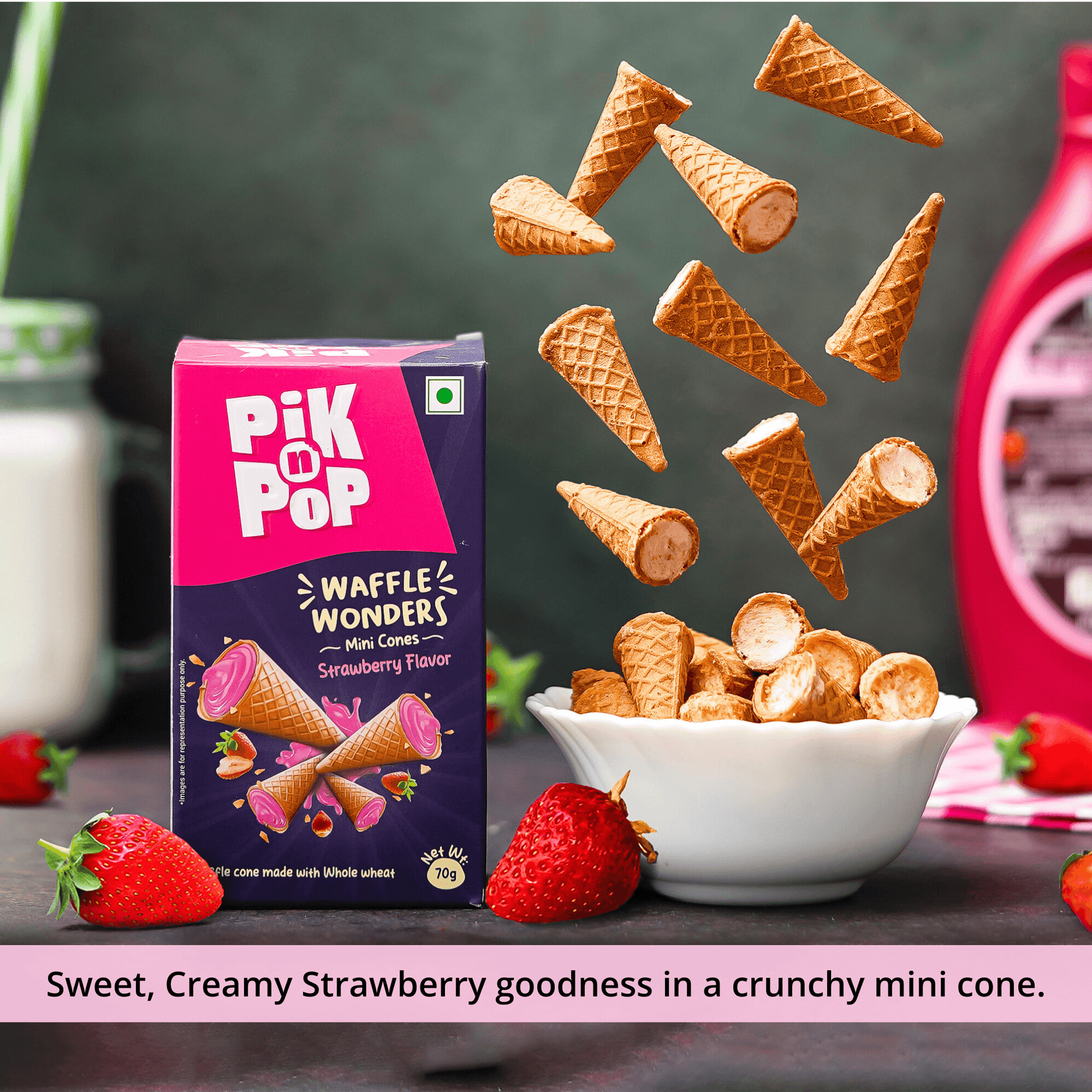 Pik n Pop Strawberry Flavour Mini Waffle Cones | 70g | Whole Wheat | Eggless