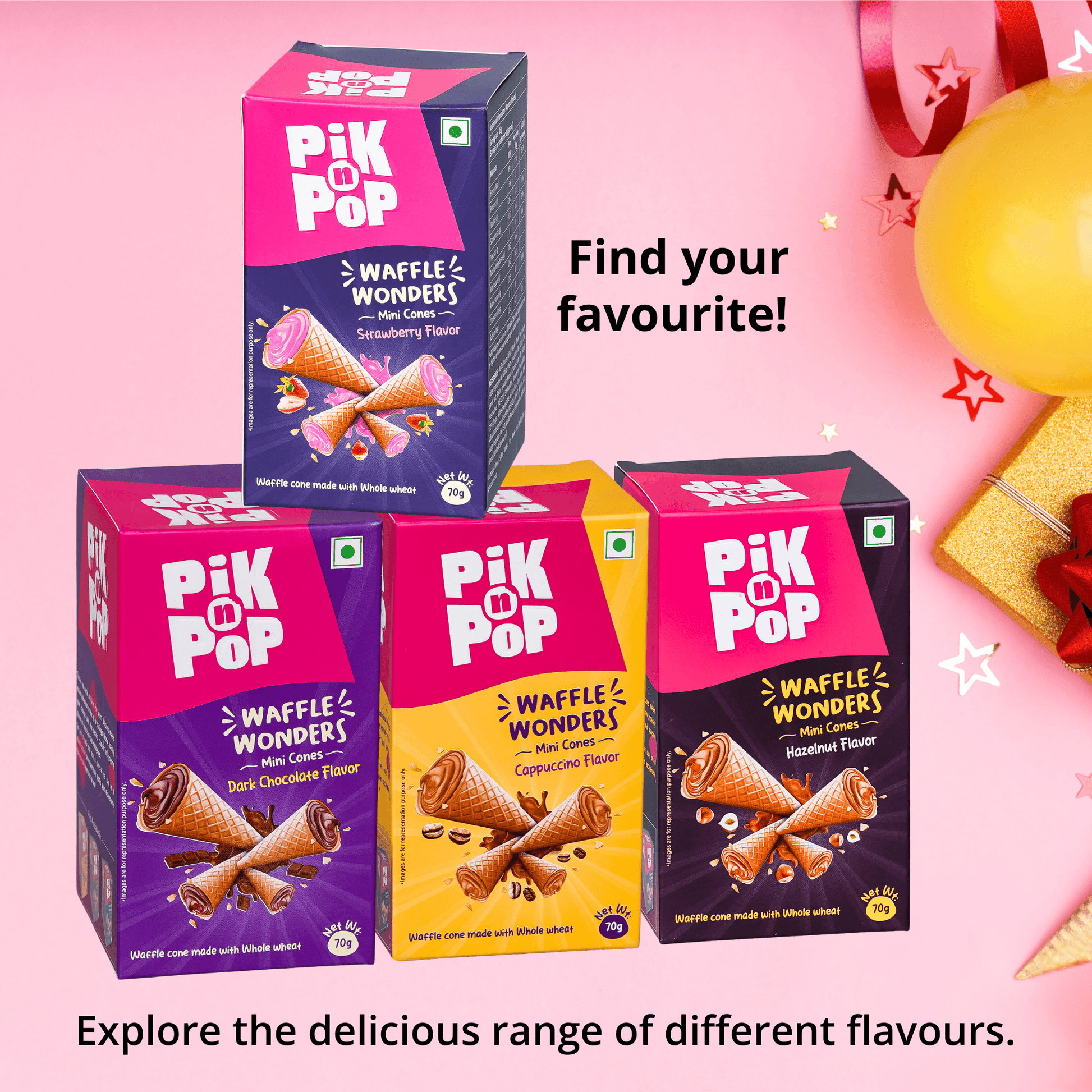 Pik n Pop Strawberry Flavour Mini Waffle Cones | 70g | Whole Wheat | Eggless