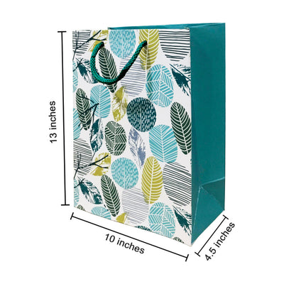 Paperpep Cream Green Leaf Print 13"X10"X4.5" Gift Paper Bag Pack Of 4 | Gift Bags For Return Gifts, Presents, Weddings, Birthday, Holiday Presents, Celebrations