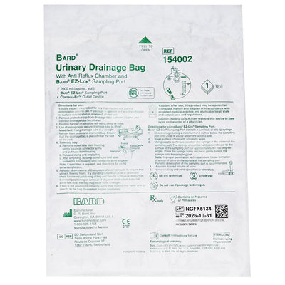 Bard Urinary Drain Bag with Anti-Reflux Valve, Sterile, 2000 mL Vinyl