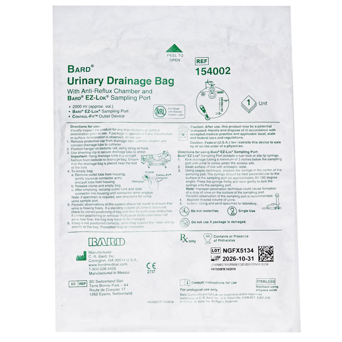 Bard Urinary Drain Bag with Anti-Reflux Valve, Sterile, 2000 mL Vinyl