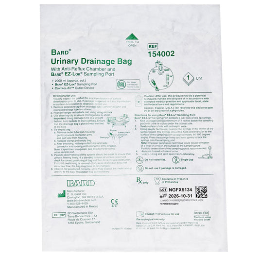 Bard Urinary Drain Bag with Anti-Reflux Valve, Sterile, 2000 mL Vinyl