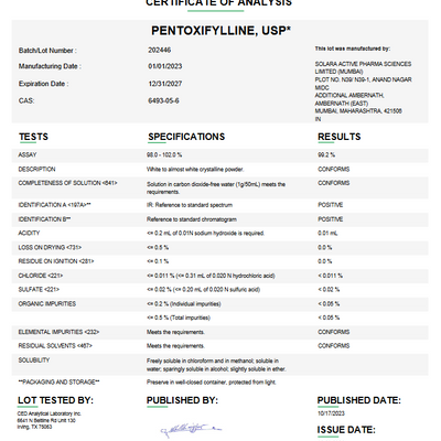 Pentoxifylline USP For Compounding (API)