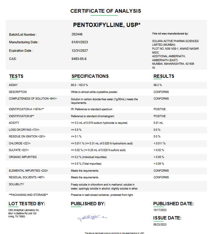 Pentoxifylline USP For Compounding (API)