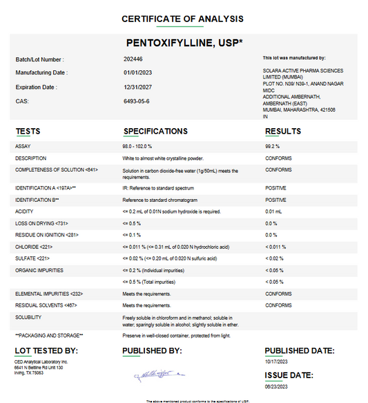 Pentoxifylline USP For Compounding (API)