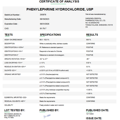 Phenylephrine Hydrochloride USP For Compounding (API)
