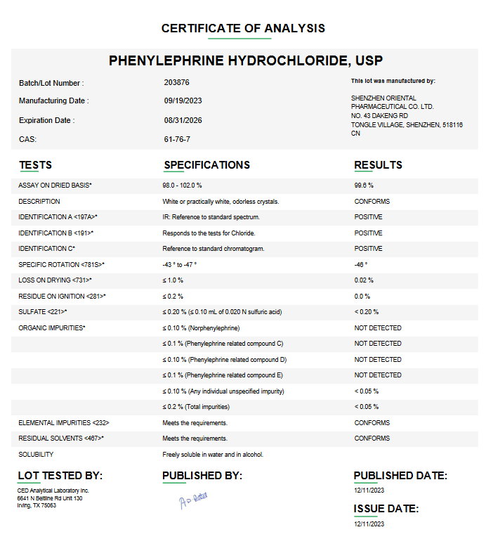 Phenylephrine Hydrochloride USP For Compounding (API)