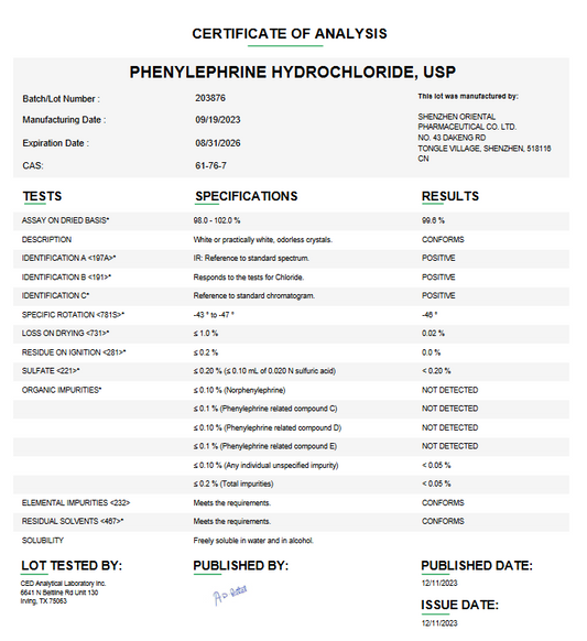 Phenylephrine Hydrochloride USP For Compounding (API)