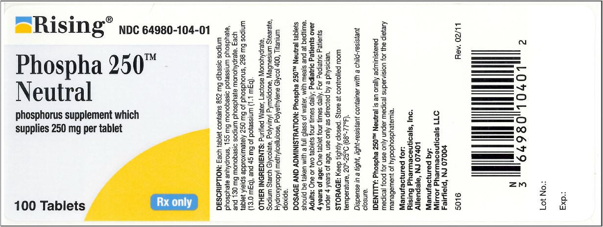Phospha 250 Neutral Phosphorus Supplement Tablets, 100 Count (Rx)