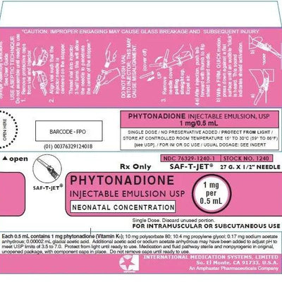 Phytonadione (Vitamin K) Injectable Prefiiled Syringes Neonatal 1 mg Per 0.5 mL 10/Pack (RX)